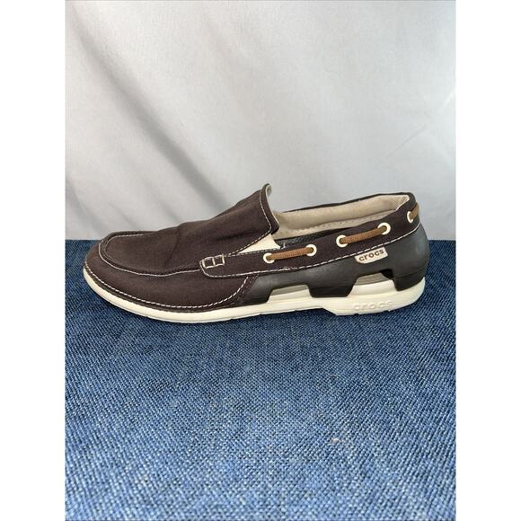 Crocs Shoes Mens Size 9 Brown Beach Line Canvas Slip Ons - Picture 12 of 12